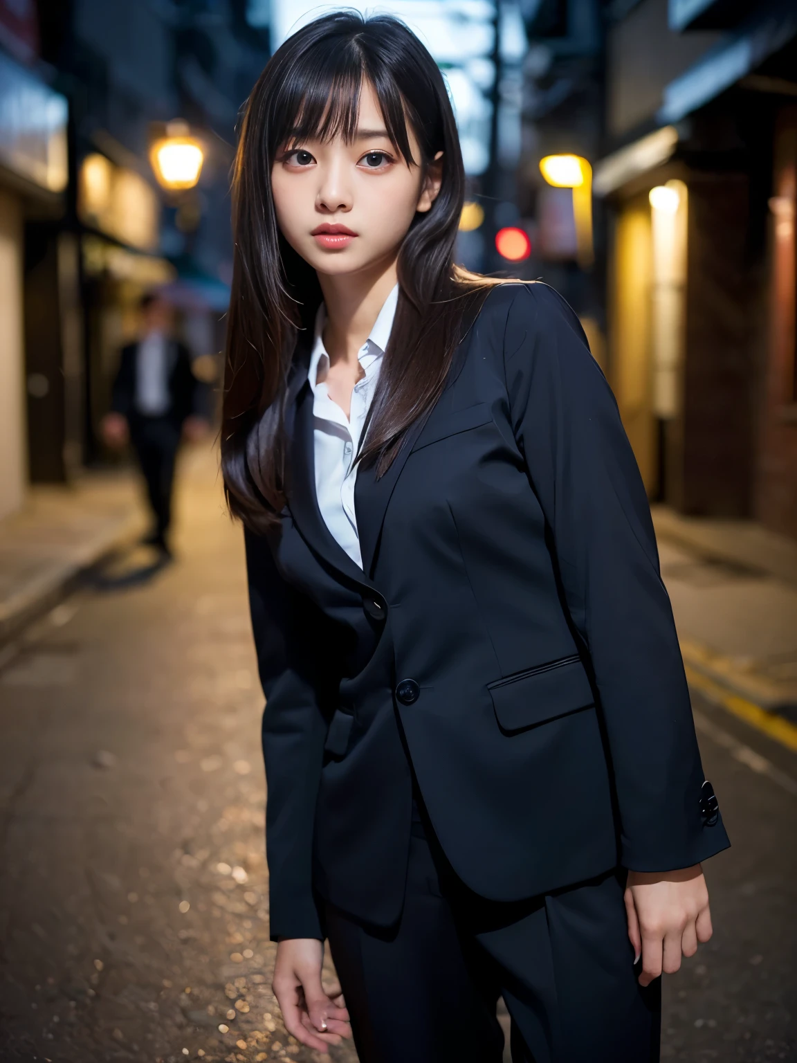 (Best-quality, Masterpiece, Ultra-High-Resolution, (Photorealistic:1.7), Raw Photo, depth of field, professional lighting, perfect anatomy, extremely details), 1girl, 15-years-old, the most famous Japanese idol, (extremely cute face like the most popular Japanese idol, ((extremely cute and extremely big eyes)), extremely beautiful hair, extremely beautiful skins), extremely cute long-eyelashes, extremely cute lips, 
(standing in extremely dark Japanese-street, detailed extremely-dark-Japanese-street), 
((wearing black formal-business-suit with stylish-design, detailed black-formal-business-suit-with-stylish-design)), 
(took large amounts of illegal-drugs, feeling unusually sexually aroused):1.6)