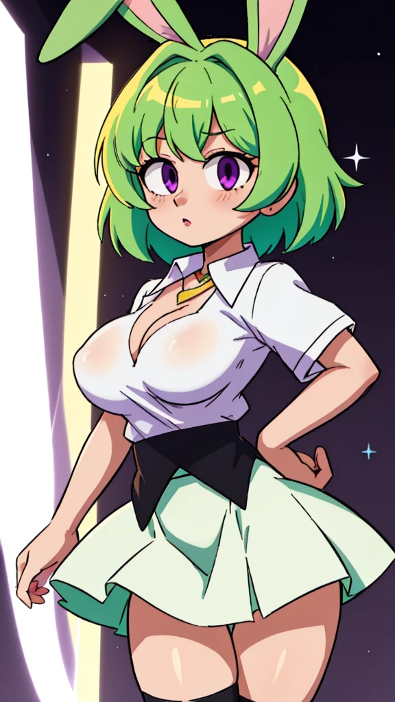 solo girl ,bunny girl,with light skin color, dark purple eyes, light green hair, medium cut, black shirt with black and white collar with open breasts, white skirt, black socks, light green rabbit ears, a necklace in the shape of a yellow moon