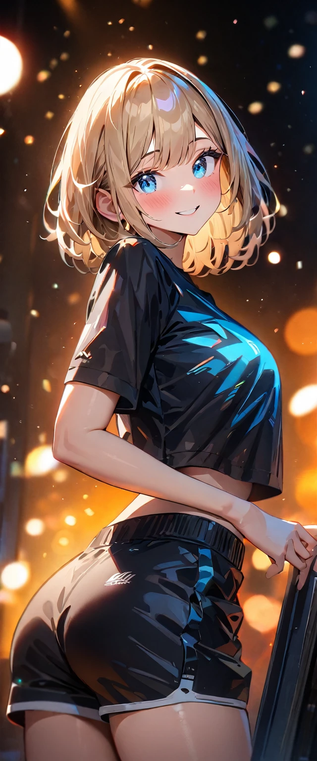 (((One girl))), blond hair, bob cut, big breasts, from front, (cowboy shot), (looking at viewer), ((black shorts)), ((black crop top overhang)), face in focus, teenager, head tilt:1.3, (((blue eye))), ((happy smile)), ((blush)), arched back, ((arms up)), anime style, (best quality, 4k, 8k, highres, masterpiece:1.2, ultra-detailed, ultra-detailed eyes, HDR, UHD, studio lighting, ultra-fine painting, sharp focus, physically-based rendering, extreme detail description, professional, vivid colors, bokeh)