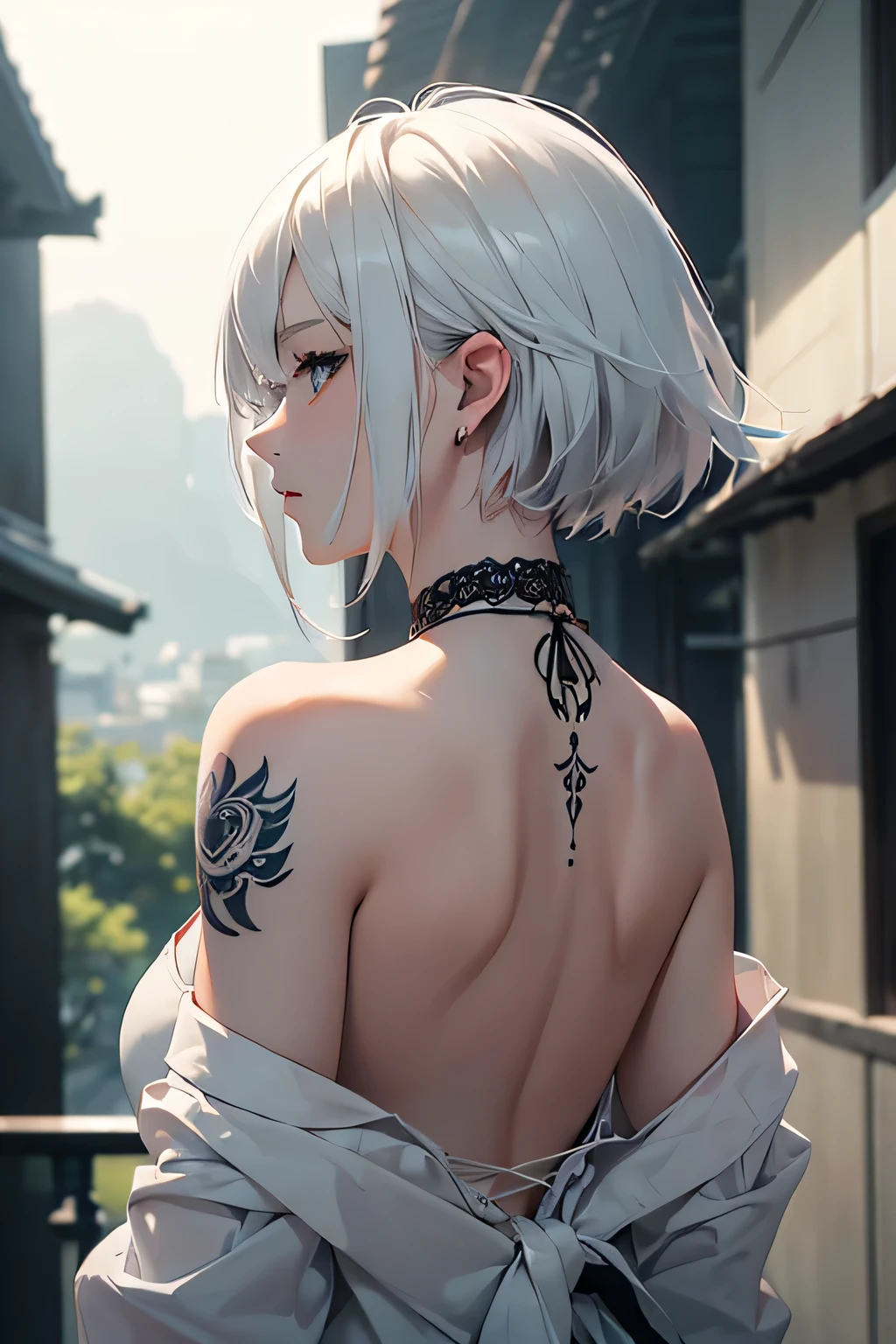 (Image from chest up:1.4)((masterpiece:1.5,Highest quality,Beautiful images、2.5D、Abstract、Artistic、Portraiture))(1girl, solo)(medium breasts, white hair、bob hair、Beautiful cleavage、Exposing shoulders、Tattoo on shoulder)(Profile Portrait,Gaze sideways、Gaze diagonally、Shake your head、A sad expression, floating hair)(Monotone artistic background、Ink-like background)((from behind:1.5)),Landscape
