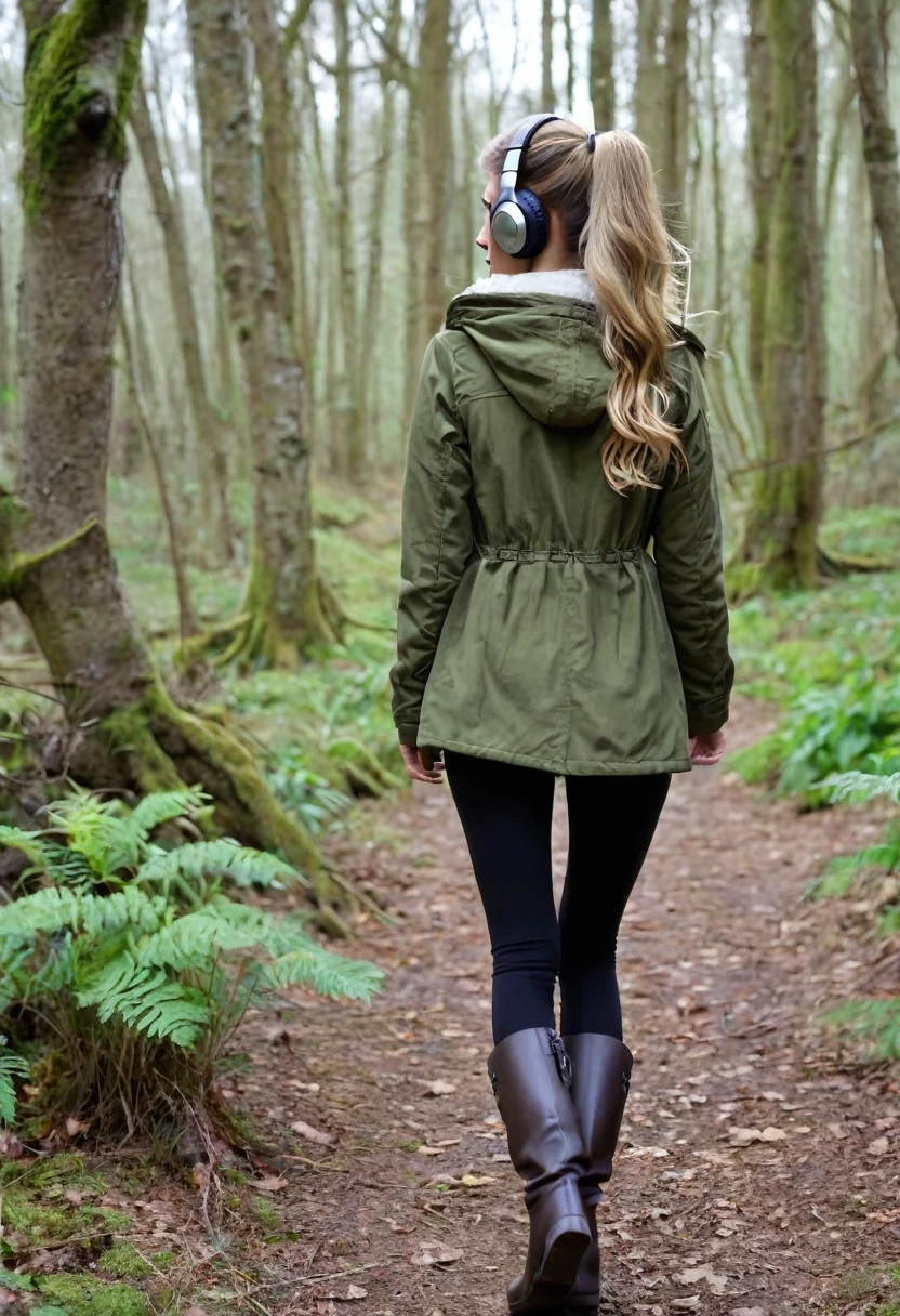 Far in the distance, a Dark blonde haired girl with very beautiful long hair down to her butt, wearing an olive green jacket, black leggings, dark brown mid calf stylish boots, wearing over the ear headphones on her head, 28 years old, only showing the view of her from behind her as she walks into the woods, with just a little of the right side of her face and the right side of her little nose, as she looks slightly over to the right