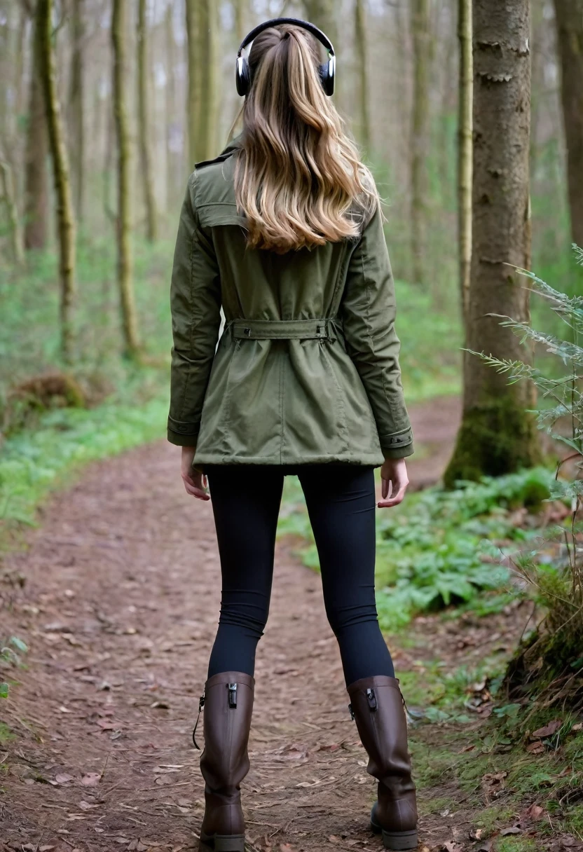 Far in the distance, a Dark blonde haired girl with very beautiful long hair down to her butt, wearing an olive green jacket, black leggings, dark brown mid calf stylish boots, wearing over the ear headphones on her head, 28 years old, only showing the view of her from behind her as she walks into the woods, with just a little of the right side of her face and the right side of her little nose, as she looks slightly over to the right