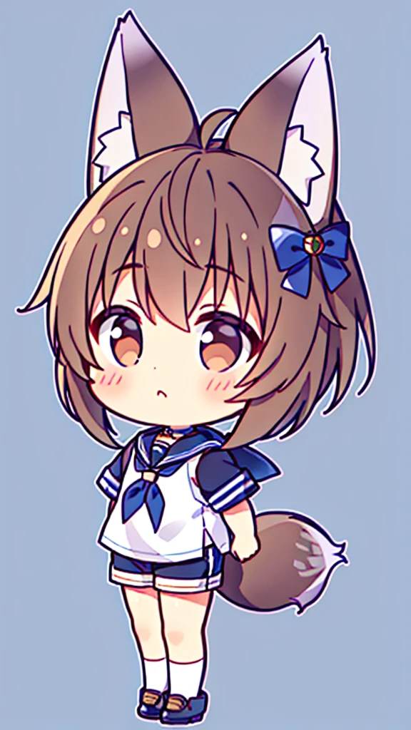 Game CG，((younge boy))，Handsome，Wolf ears，Wolf tail，Navy，(a sailor suit)，White uniform shorts，Brown Martin booties，Lively，Full body like，Wave totem
