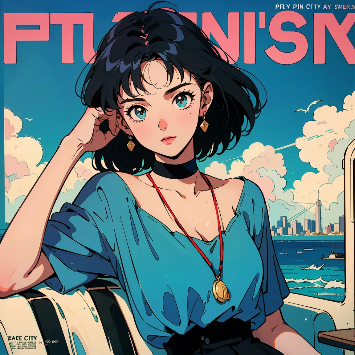 Best image quality, 1980s style animation, 21 year old girl, black hair, Permed hair, bright eyes,  Pretty Eyes, eye line, retro, Summer Clothes, magazine cover, whole body , city , evening in the park, posing, So sexy, so pretty. 짙은 eye line, ocean, Ocean, Summer Vacation