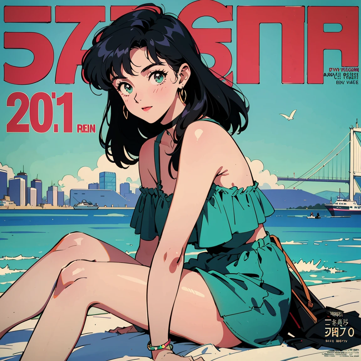 Best image quality, 1980s style animation, 21 year old girl, black hair, Permed hair, bright eyes, Pretty Eyes, eye line, retro, Summer Clothes, magazine cover, whole body , city , evening in the park, posing, So sexy, so pretty. 짙은 eye line, ocean, Ocean, Summer Vacation