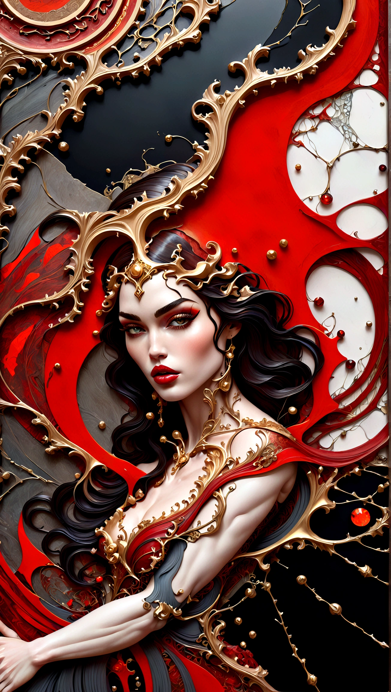 a beautiful illustration of megan fox as a very muscular vampire girl in an abstract marble texture with a tarot style frame, with colors of black,gold, and red, highly detailed, intricate design, BY Anne Bachelier,