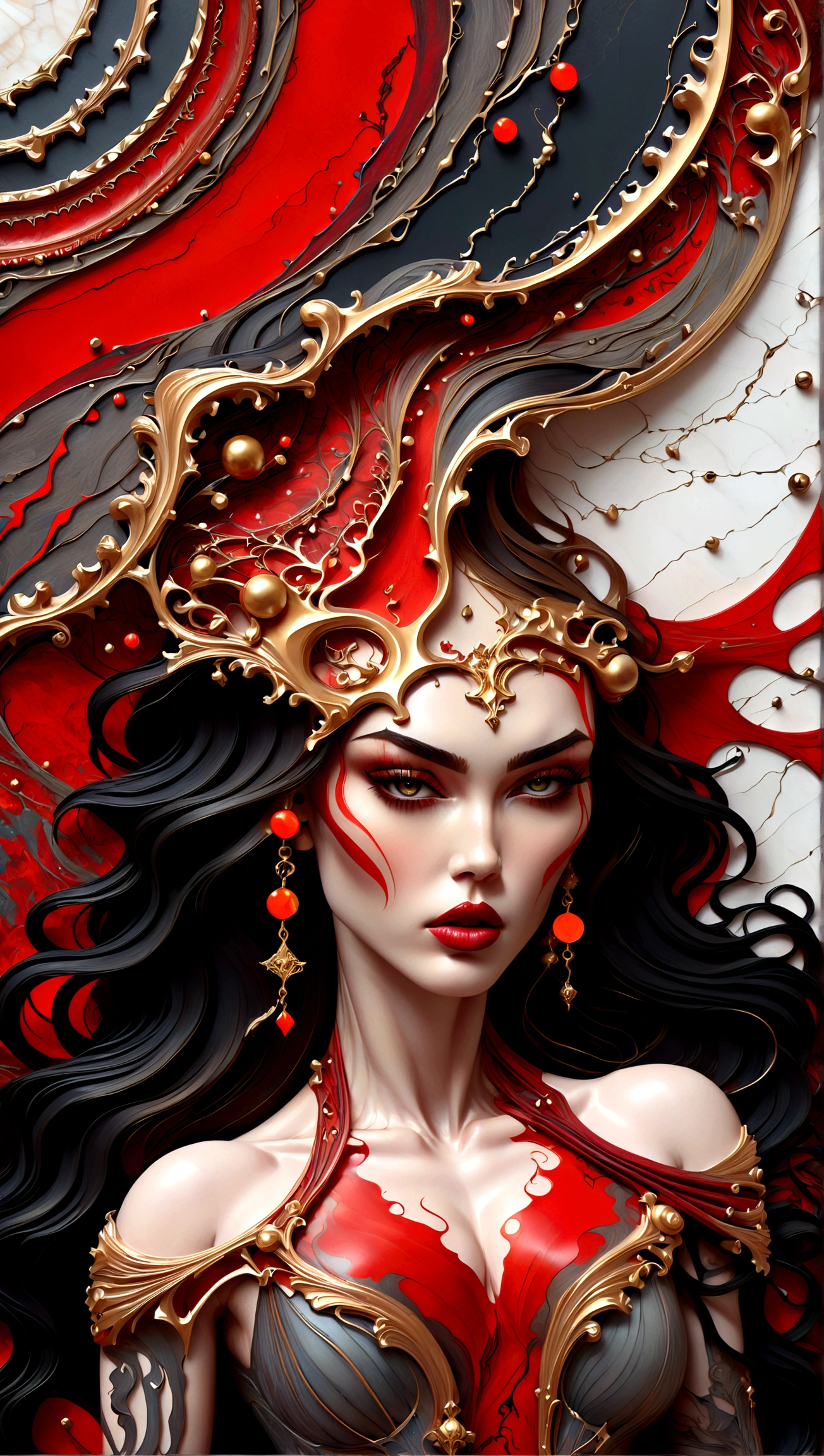 a beautiful illustration of megan fox as a very muscular vampire girl in an abstract marble texture with a tarot style frame, with colors of black,gold, and red, highly detailed, intricate design, BY Anne Bachelier,