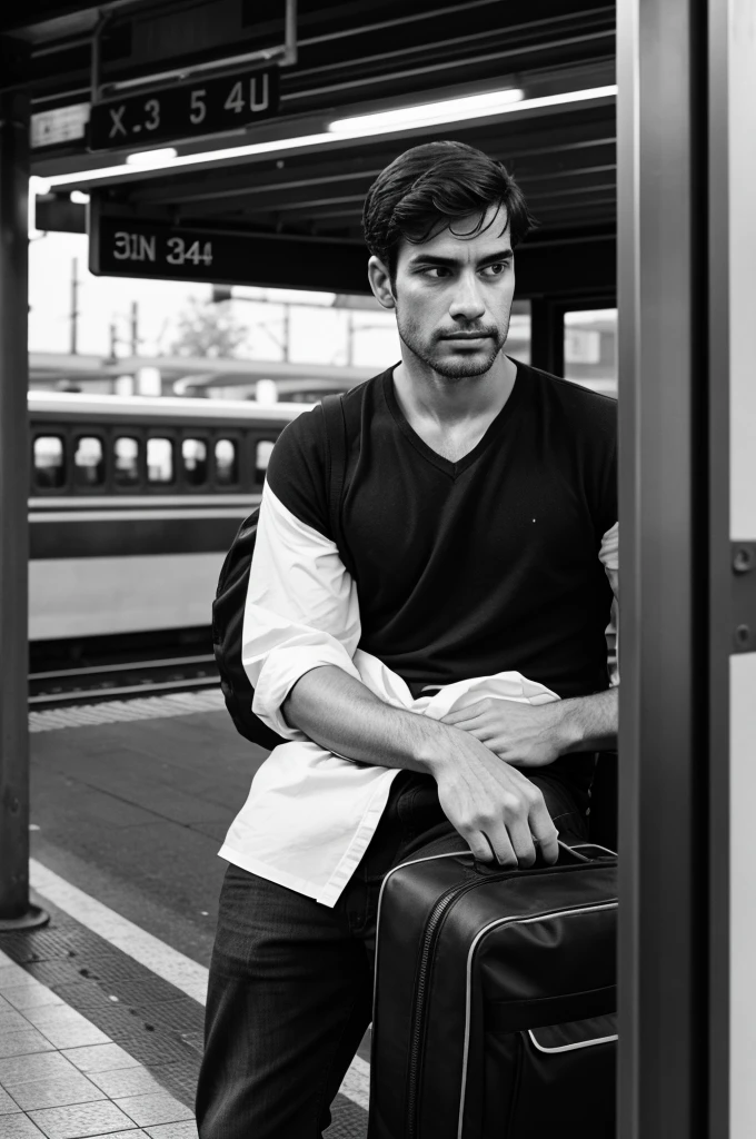 Black and white sketch image of a man waiting for train