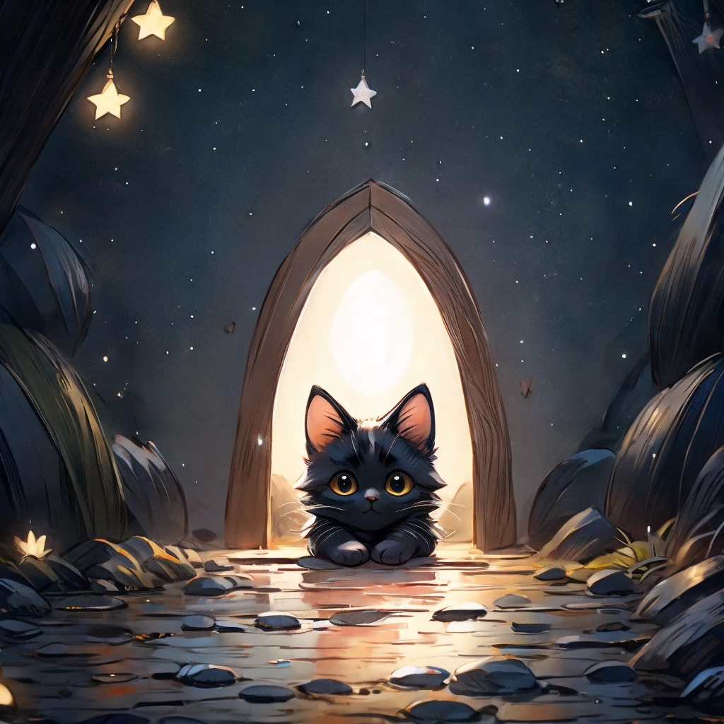 Black cat kitten、night、Looking at the shining puddle