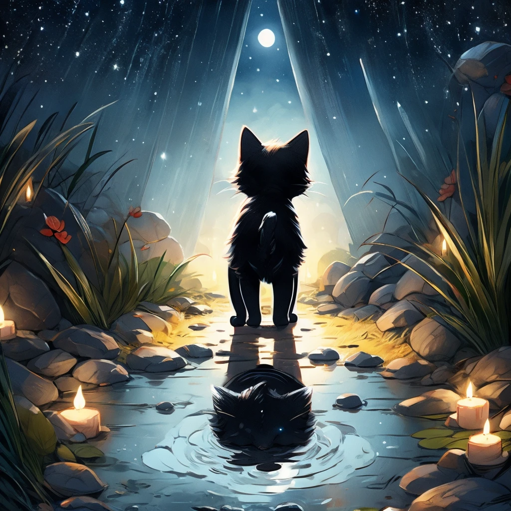 Black cat kitten、night、Looking at the shining puddle