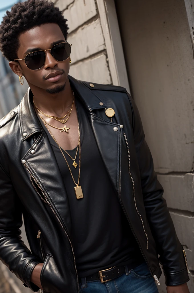 Black boy wearing black leather jacket, gold necklace with pendant, black sunglasses, favela fund 