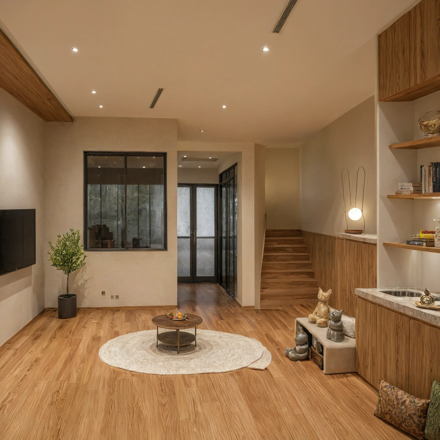 Raw photo, Masterpiece, high quality, best quality, authentic, super detail, interior, indoors, style modern, minimalist line, wooden, oak wood, led light, beige paint wall, sofa, atrium, LIVING ROOM, PEN HOUSE, kitchen, island kitchen, alu window, japan style, wasabi style, Jen style, steel stair, glass railing