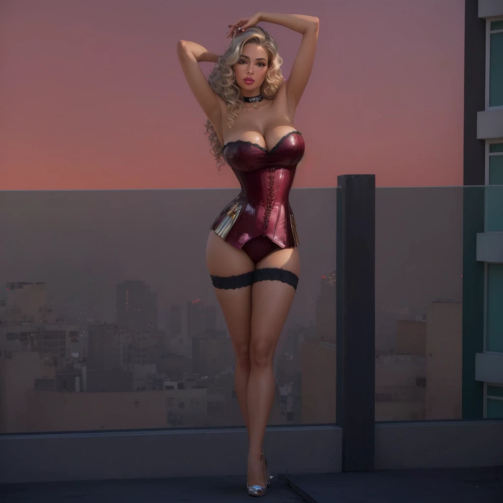 there is a woman in a corset posing on a balcony, glamour pose, glamor pose, elegant glamor pose, glamorous pose, glamor profile pose, pinup pose, glamour fashion pose, second life avatar, glamorous fashion pose, lacivious pose, doing a hot majestic pose, pinup body, lascivious pose, elegant pose, full pose, dominant pose, sexy, curvy body, wavy hair, tan skin, 40 year old latina woman, cougar, gorgeous, CHOKER