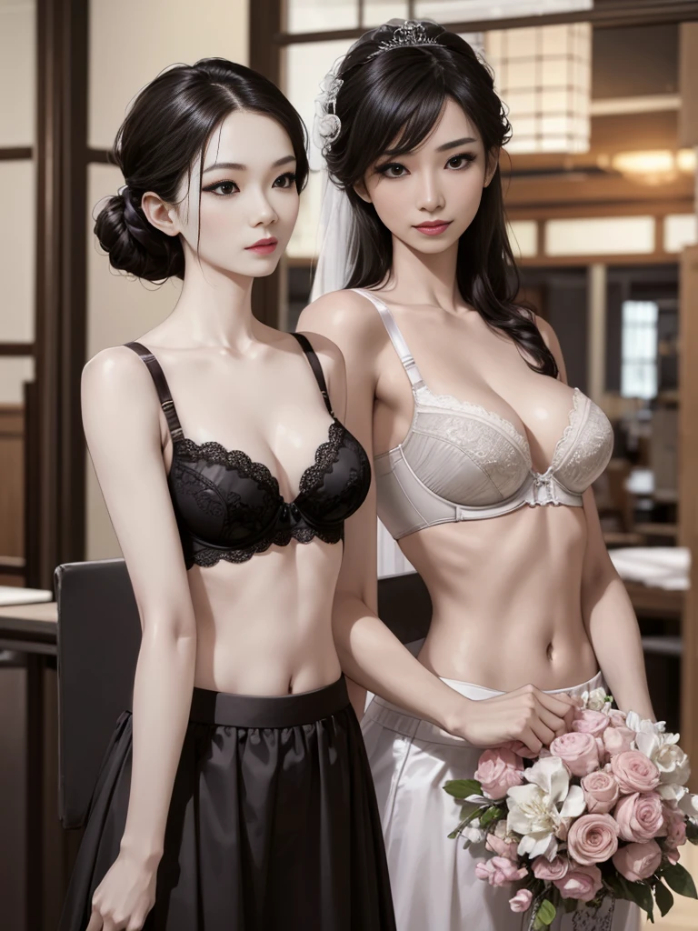 wedding, skirt, Black formal wear, whole body, Small breasts, slender, 40 year old Japanese, woman, Beautiful face, Are thin, office, Highest quality, Ultra-high resolution, (realism: 1.4), Depth of written boundary, Beautiful Face, (Purelos Face_v1: 0.8), Two people,(Real Bra:1.5), Natural Makeup,