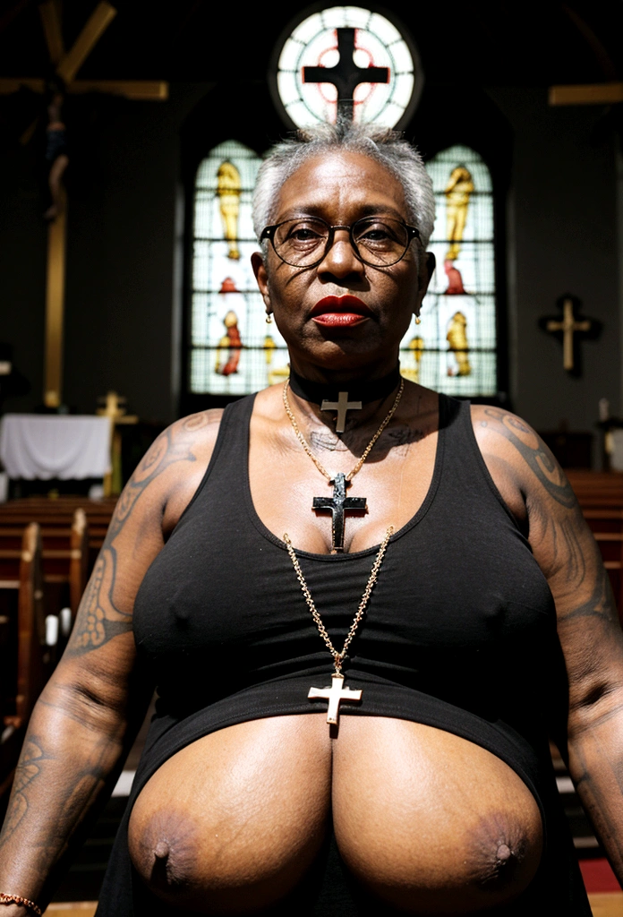 ((70 year old black African grandma:1.4)) ((in a church:1.4)),((there is an audience and crowd in the church:1.4)), large breasts size, large breasts, with large breasts, uncovered nsfw huge breasts, nsfw huge breasts, big breasts, big breasts!, ((she is wearing a transparent tank top:1.3)), extremely plump, with a large breasts, fat woman, sie boob, big breasts!!, cleavage, ((exposed breasts:1.3)), ((extreme bulging cleavage:1.1)), ((black nipples and areolas)),((she is wearing heavy makeup,glasses, dark, bright red lipstick, a large cross pendant,clergy collar,and tattoos)), she has ((triple Wide,fat,hanging inflated,ballooned, exaggerated,larger-than-life, oversize, crowded,gargantuan,meaty,breasts hanging down to her stomach:1.2)),((she has gray hair:1.3))