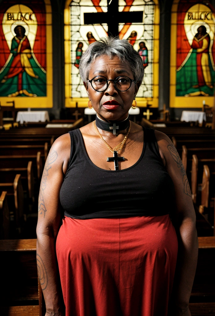 ((70 year old black African grandma:1.4)) ((in a church:1.4)),((there is an audience and crowd in the church:1.4)), large breasts size, large breasts, with large breasts, uncovered nsfw huge breasts, nsfw huge breasts, big breasts, big breasts!, ((she is wearing a transparent tank top:1.3)), extremely plump, with a large breasts, fat woman, sie boob, big breasts!!, cleavage, ((exposed breasts:1.3)), ((extreme bulging cleavage:1.1)), ((black nipples and areolas)),((she is wearing heavy makeup,glasses, dark, bright red lipstick, a large cross pendant,clergy collar,and tattoos)), she has ((triple Wide,fat,hanging inflated,ballooned, exaggerated,larger-than-life, oversize, crowded,gargantuan,meaty,breasts hanging down to her stomach:1.2)),((she has gray hair:1.3))