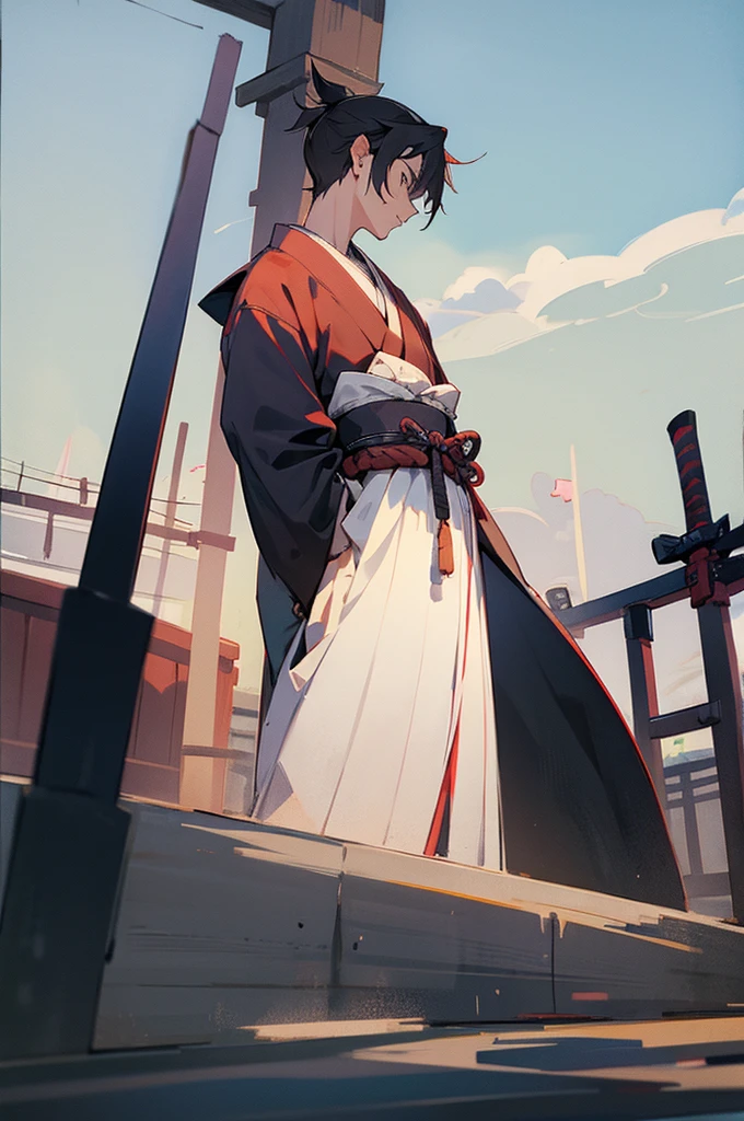 , male, samurai Clothing, Standing pose, Town background,