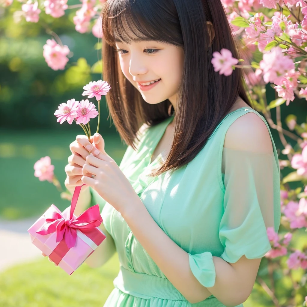 Create an image of a young woman around 15 years old,  women are短い髪と優しい笑顔, Cute and beautiful、Holding a present with a pink ribbon. Beautiful flowers on a green background。Beautiful outdoor environment preferred, Remembering sunny days. women are、While maintaining a warm and friendly expression、With a slightly more mature appearance、Her outfit should be a blue, detailed dress.。. Make sure the lighting and colors are soft and natural, Her youth々Emphasizes the beauty of a mature woman.
