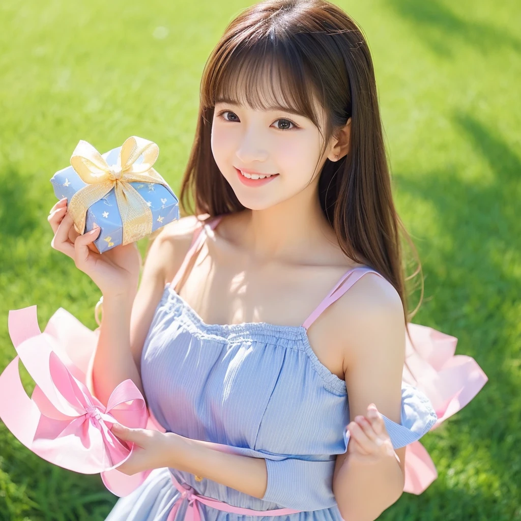 Create an image of a young woman around , women are短い髪と優しい笑顔, Cute and beautiful、Holding a present with a pink ribbon. Beautiful flowers on a green background。Beautiful outdoor environment preferred, Remembering sunny days. women are、While maintaining a warm and friendly expression、With a slightly more mature appearance、Her outfit should be a blue, detailed dress.。. Make sure the lighting and colors are soft and natural, Her youth々Emphasizes the beauty of a mature woman.