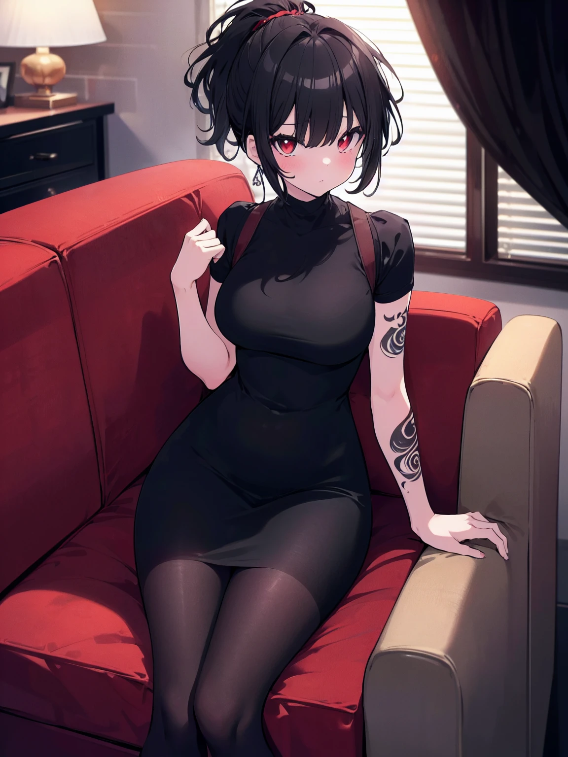 (colorful:1.1), (ultra-high resolution, depth of field:1.2), solo, 1woman, milf, (black hair), short messy hair, ponytail, red eyes, plump body, (medium breasts), wide hips, (tight dress), (gray tight dress:1.2), pantyhose, black, arm tattoo, serious, living room scenery, sitting on a coach, dimly lit