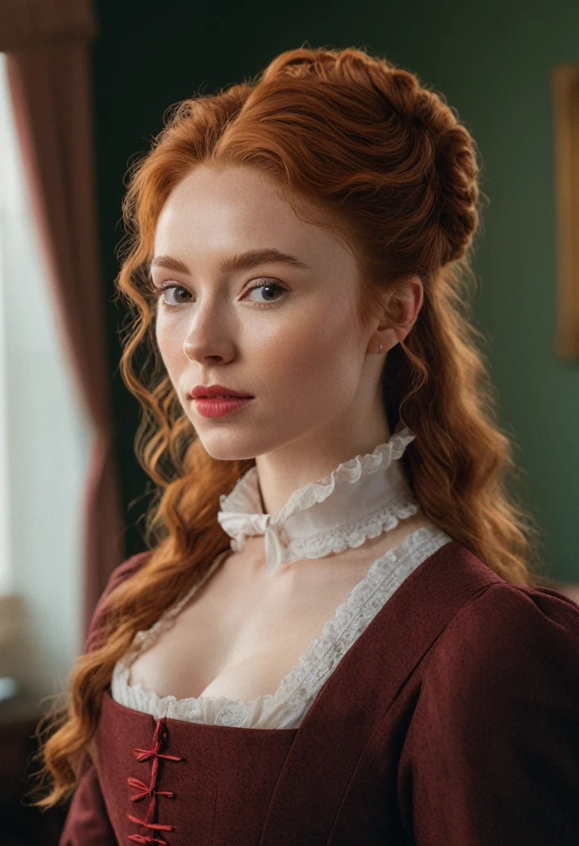 raw photo, raw picture, realism, realistic style, a photo \(high\) of katiekones \(subject\), wearing a victorian outfit \(wardrobe\), in the bedroom \(background\), red hair, thin lips, facial skin fuzz, full body, portrait, highres, best quality, full sharp, 4 k photography, real detailed skin texture, (blush:0.5), (goosebumps:0.5), subsurface scattering, RAW candid cinema, 40mm, color graded portra 400 film, remarkable color, ultra realistic, textured skin, remarkable detailed pupils, realistic dull skin noise, visible skin detail, skin fuzz, dry skin, shot with cinematic camera