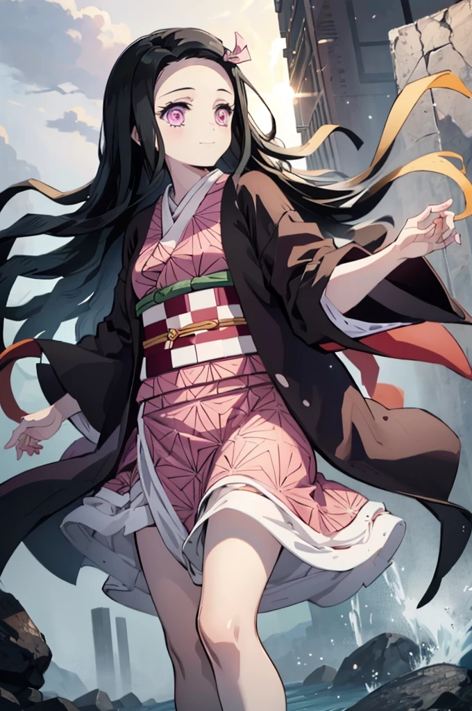 (masterpiece:1.3), (best quality:1.1), (8k, ultra detailed, ultra high res:1.2), ((anime style)), perfect 5 fingers, perfect anatomy,
1girl,
Kamado Nezuko,
BREAK long hair, wavy hair, forehead
black hair,
pink eyes,
ribbon,
small breasts,
BREAK japanese clothes, pink kimono, brown haori, obi,
smile,
looking at viewer,
cowboy shot,
BREAK outdoor, antastic atmosphere, butterfly,