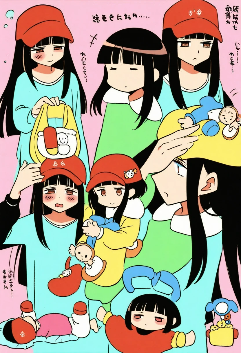 (masterpiece), best quality, expressive eyes, perfect face, a man get dresses like a , solo, surpriced, blushed, black hair, long hair, red baseball cap, brown eyes, (full body), in a kindergarten, straight hair, multiple views, baby clothes, baby toys,