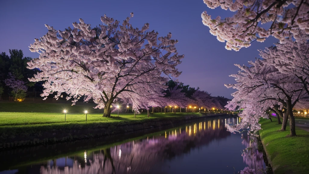 ((masterpiece, Highest quality, Highest quality, High resolution, Realistic, RAW Photos, 8K)), Purple cherry blossom, really Beautiful Nature, Cherry Blossoms at Night, Cherry tree in full bloom, Beautiful Nature, Purple Sky, Beautiful purple sky, Very beautiful, beautiful place, Wonderful landscape, feeling of being in the midst of Cherry tree in full bloom.