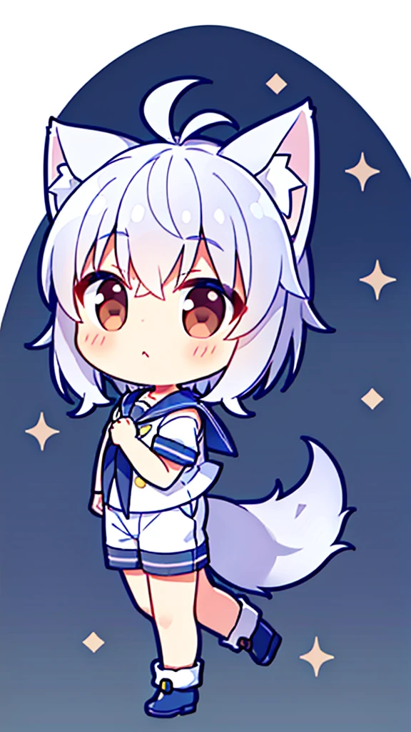 Game CG,((younge boy)),Handsome,Wolf ears,Wolf tail,Navy,(a sailor suit),White uniform shorts,Brown Martin booties,Lively,Full body like,Wave totem-v6