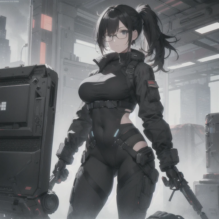 Absurd resolution, high resolution, (masterpiece: 1.4), hyper-detail, full body shot, solo, 1 kemono feline cat woman, no skin other than neck and head shown, black hair, glasses, messy ponytail, cute face, detailed soft grey eyes, huge massive hyper super swollen breasts that cover her whole torso and are bigger than her head while being so big they reach her belly button, extremely large bust, wide full hips, narrower torso and shoulders, smaller torso, full thicc big soft thighs, big rounded full soft butt, ruggedized utility styled outfit, full body outfit coverage with no skin showing or revealed, weather-proof durable clothing material, monochrome black and grey fullbody covering protective padding pilot rugged utility suit with white chest, practical/functional clothing, custom made clothing to fit and support large breasts, scifi padded rugged high collar techwear jacket, white and black triangular decals and techwear iconography on apparel and clothing, techwear gloves, arm mounted strapped display scifi tablet/communication device/computer, rugged tablet display mounted on MOLLE strap on top of her bust, ruggedized computer tablet mounted above her breasts, screen display mounted on top of her chest, ruggedized tech, ruggedized tech aesthetic, fitted utility pants, utility chaps, near future scifi, cyberpunk aesthetic, anime aesthetic