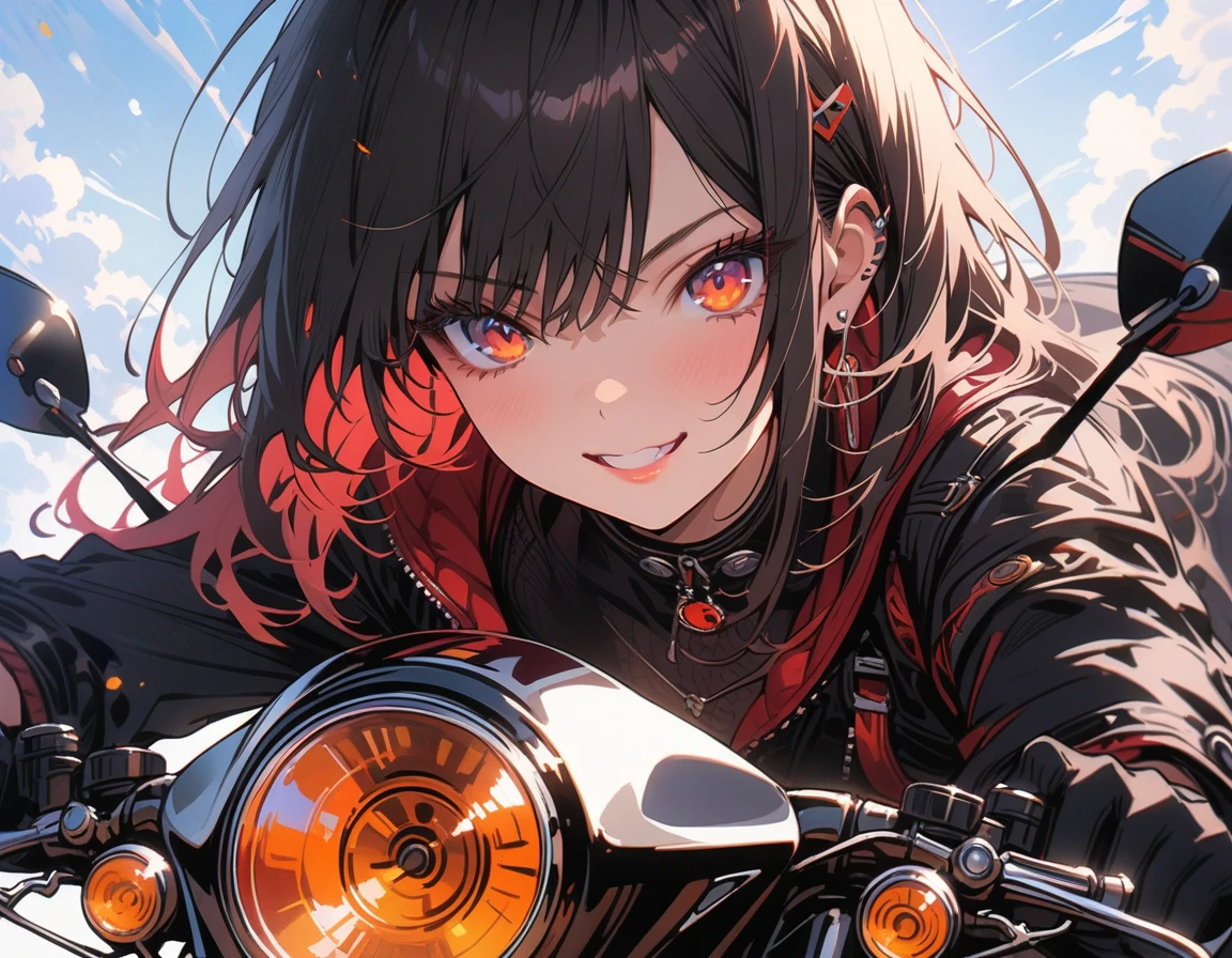 a girl riding a motorcycle,1girl,motorcycle,detailed face,detailed eyes,detailed lips,best quality,4k,8k,highres,masterpiece:1.2,ultra-detailed,