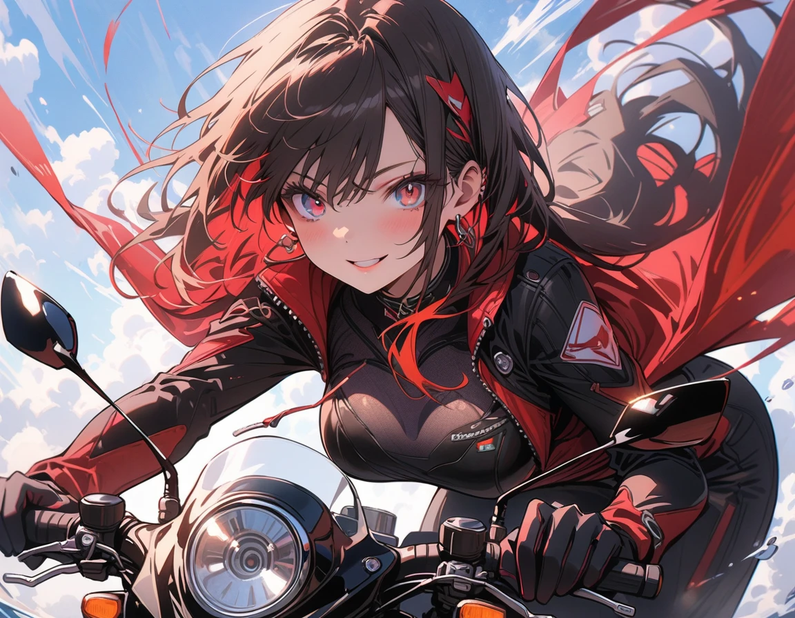 a girl riding a motorcycle,1girl,motorcycle,detailed face,detailed eyes,detailed lips,best quality,4k,8k,highres,masterpiece:1.2,ultra-detailed,