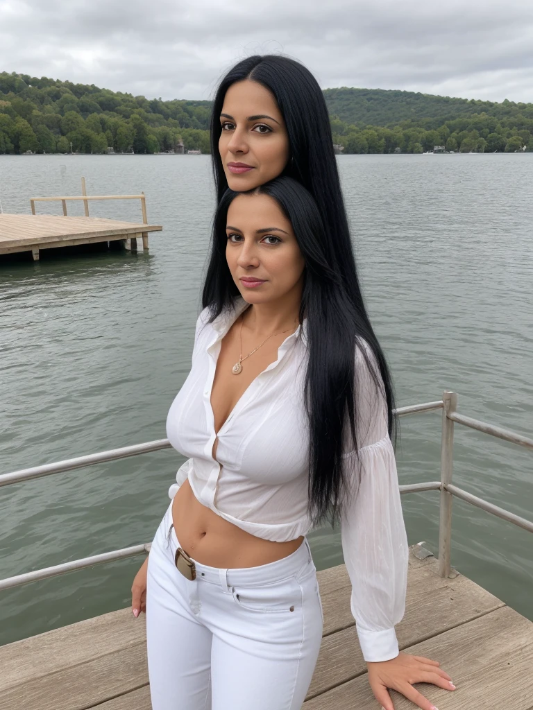 Bernice, realistic, natural skin, photorealistic, 40-years-old, Latina Woman, waist length-black hair, straight hair, brown eyes, (mature), (((consistent face and image))), ((Latina skin)), wearing white blouse and jeans, lakeside in Switzer;and