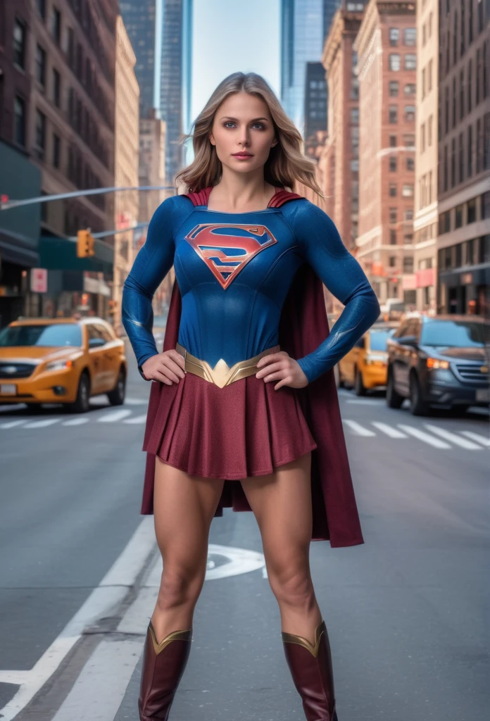 RAW photo, supergirl standing on the streets of New York, muscular, highly detailed, 8k hdr, high quality, soft cinematic light, dramatic perspective