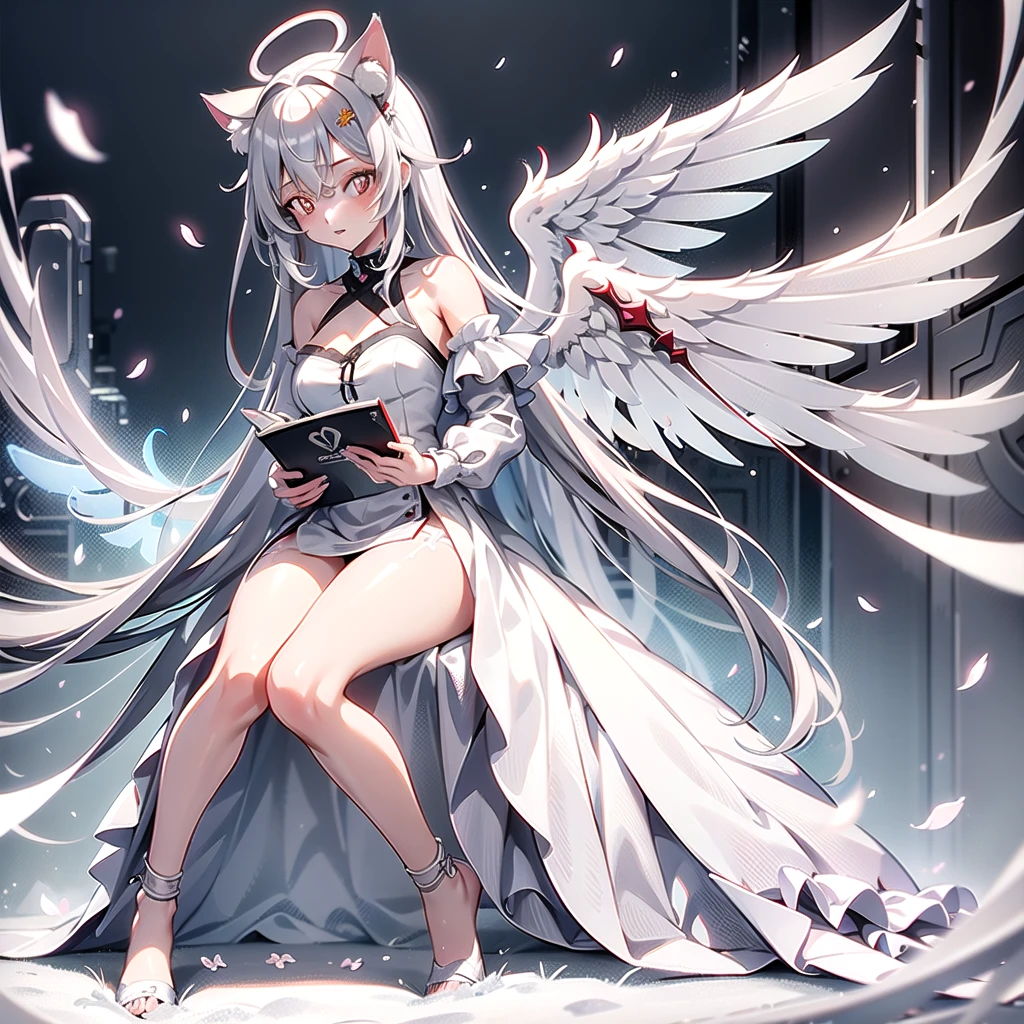 masterpiece, highest quality, highest resolution, clear_image, detailed details, White hair, long hair, cat ears, 1 girl, red eyes, gray futuristic halo (gray halo over the head), white wings (4 wings), cute, full body, no water marks, snow, cherry blossom