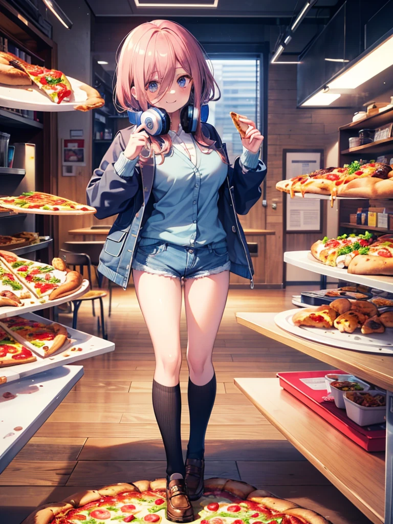 (8K, Highest quality, Highest quality, masterpiece), standing, (denim hot shorts), (mini shorts), big breasts, nm1, headphones around neck, long sleeves, blue cardigan, pantyhose, (fullbody), smile, school uniform, open jacket, eating pizza