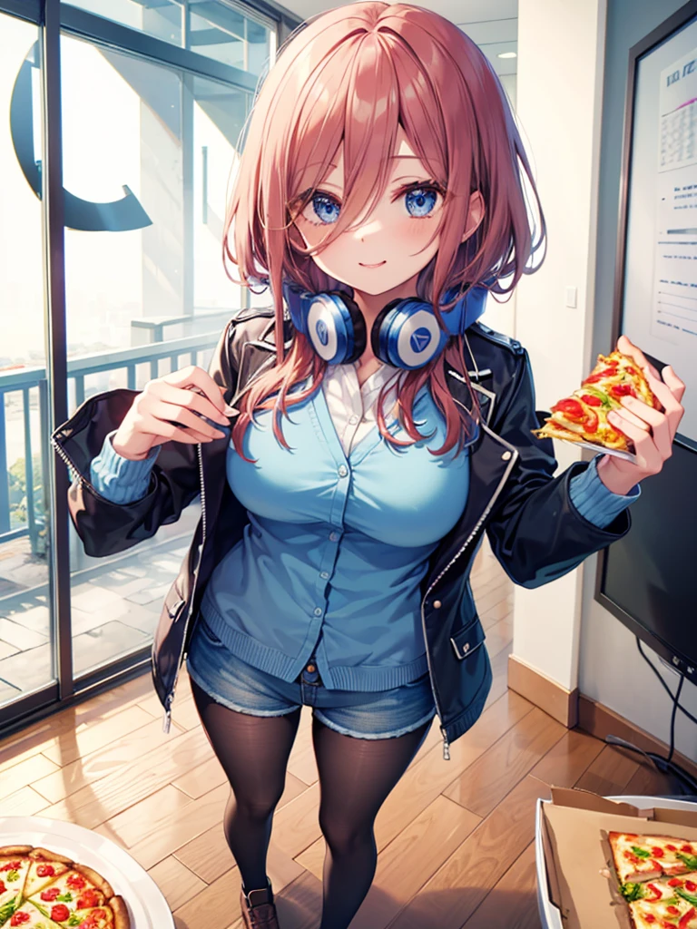 (8K, Highest quality, Highest quality, masterpiece), standing, (denim hot shorts), (mini shorts), big breasts, nm1, headphones around neck, long sleeves, blue cardigan, pantyhose, (fullbody), smile, school uniform, open jacket, eating pizza