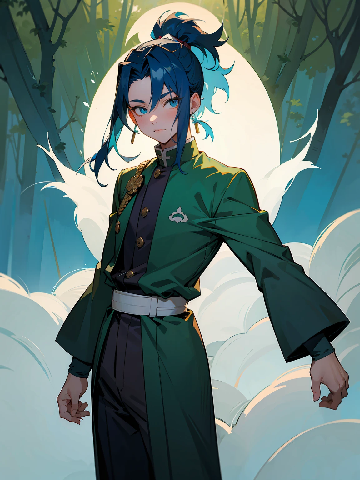 1male, Adult, Deep Blue Hair, Medium Length Hair, White Inner Hair, Ponytail, Forest Haori, Green Face Mark, Forest Background, Standing in Forest, Demon Slayer Uniform