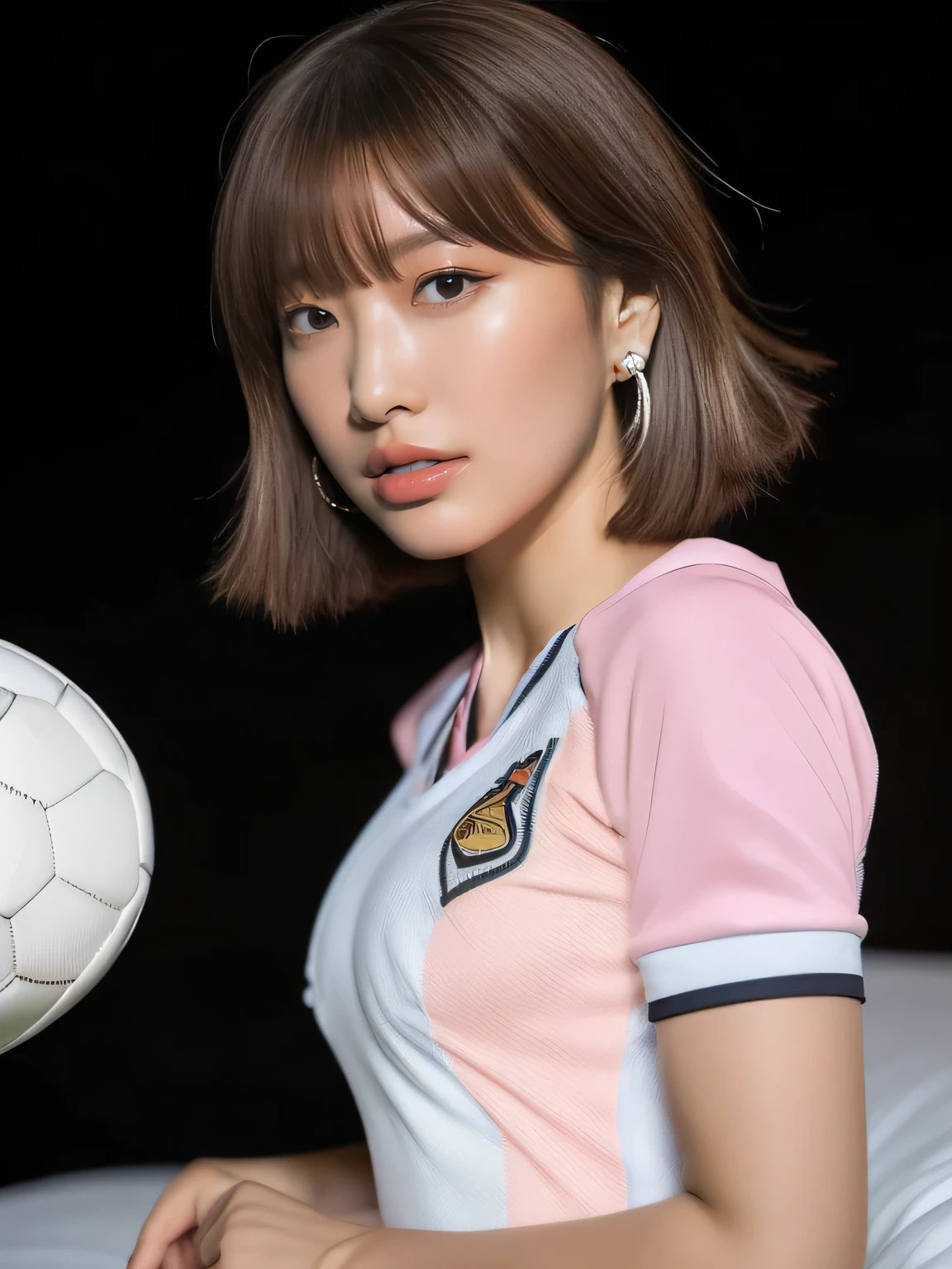 (Wearing a colorful short-sleeved soccer uniform,She loves soccer:2.0),
(naked, The shape of the nipples is visible,Beautiful thighs, Ultra-detailed skin,Small pores in the skin:1.5),

((Her body is incredibly beautiful and stylish:1.3)),
((Her nipples are visible under her clothes, Her face is so cute when she feels it:1.3)),

((28 talents, beauty contestant, Sexy Body, She loves sex, I&#39;m looking forward to:1.4)),
((Small breasts, Flat Chest, Pink areola:1.3)),
((Bedroom at home, Complete darkness:1.4)),

Eye focus, Narrow shoulders, Beautiful clavicle, length, Thin arms, Thin legs, The back of the hand is beautiful and feminine, Slim figure, Soft belly, Tight waist, Highly detailed face, super detailed breasts, Ultra-detailed skin, Fair skin, Shiny skin, Ultra-detailed lips, Fuller lips, Glossy pink lips, Blushed, White teeth, Beautiful actress makeup, Annuit Makeup, Pink lipstick, Dark brown hair, Delicate and soft hair, (Put your hair up, Fluffy short bob:1.2), (Sweep your bangs to the side:1.2), (Stylish earrings,necklace:1.2),
