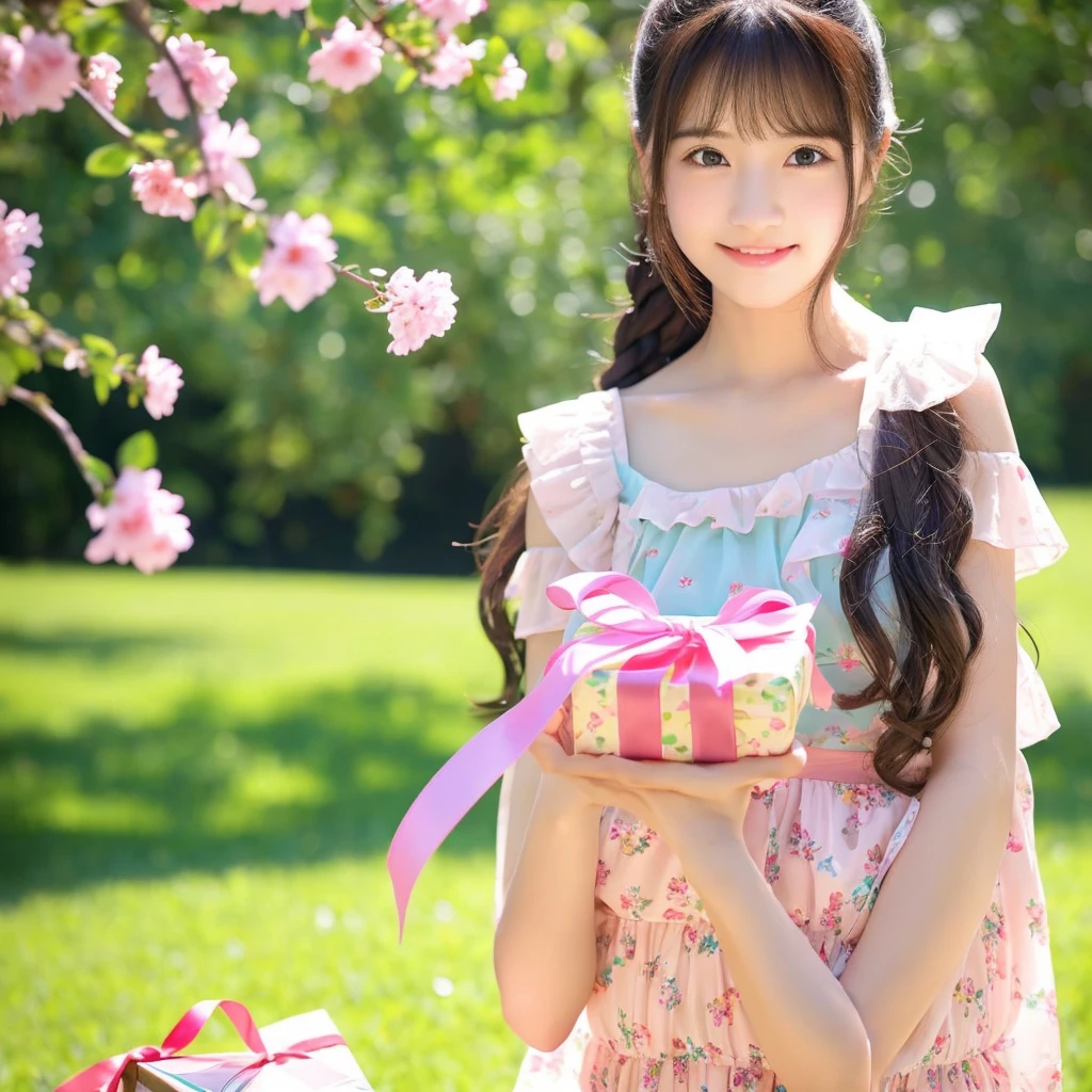 Create an image of a young woman around 15 years old,  women are短い髪と優しい笑顔, Cute and beautiful、Holding a present with a pink ribbon. Beautiful flowers on a green background。Beautiful outdoor environment preferred, Remembering sunny days. women are、While maintaining a warm and friendly expression、With a slightly more mature appearance、Her outfit should be a blue, detailed dress.。. Make sure the lighting and colors are soft and natural, Her youth々Emphasizes the beauty of a mature woman.
