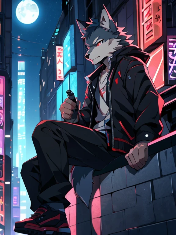 anime - style picture of a wolf man sitting on a ledge with a night city in the background, lofi artstyle, anime style 4 k, inspired by Liam Wong, anime style. 8k, 4k anime wallpaper, anime art wallpaper 8 k, 2 d art, 2d art, badass anime 8 k, by Yuumei, anime art wallpaper 4k, (Wolf Tail)