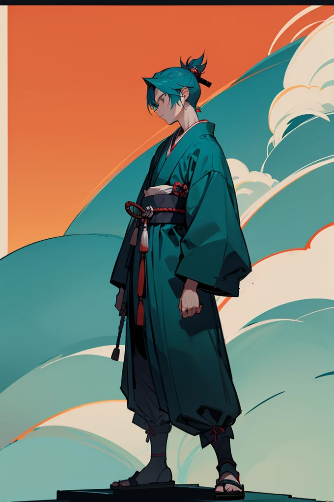 Teen , male, samurai Clothing, Standing pose, Town background, Teal Hair