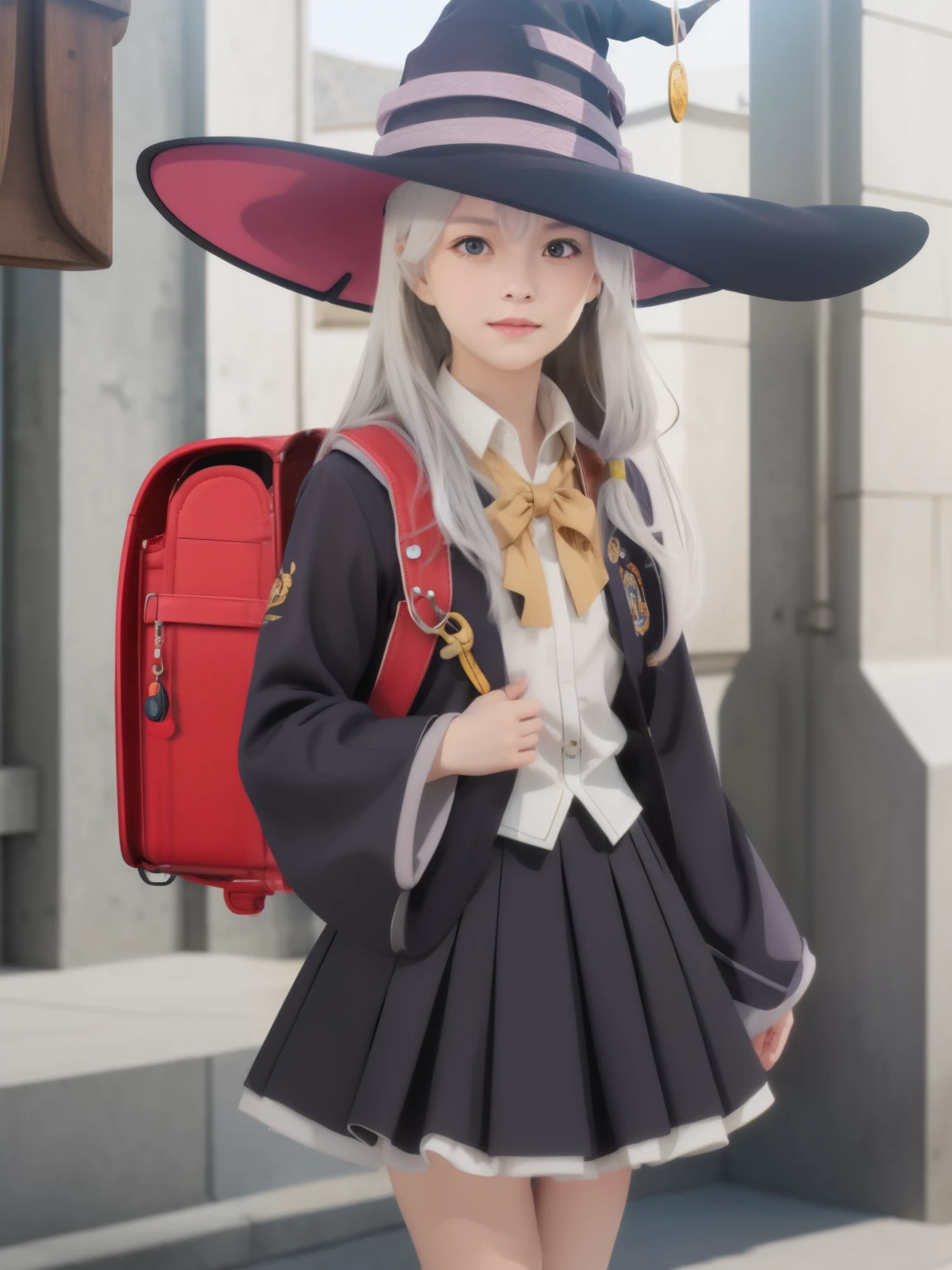 Masterpiece, hd, realistic 
elaina, witch, wizard, elaina \(majo no tabitabi\), cosplay, 1girl, solo, 
open robe, collared shirt, long sleeves, wide sleeves, pleated skirt, witch hat, bowtie, frilled skirt, 
jewelry, badge, 
long hair, bangs, hair between eyes, grey hair, hair ribbon, hair bow, 
looking at viewer, cowboy shot, standing, 
Outdoor, day, 
Wearing red backpack, (backpack:1.2)
 