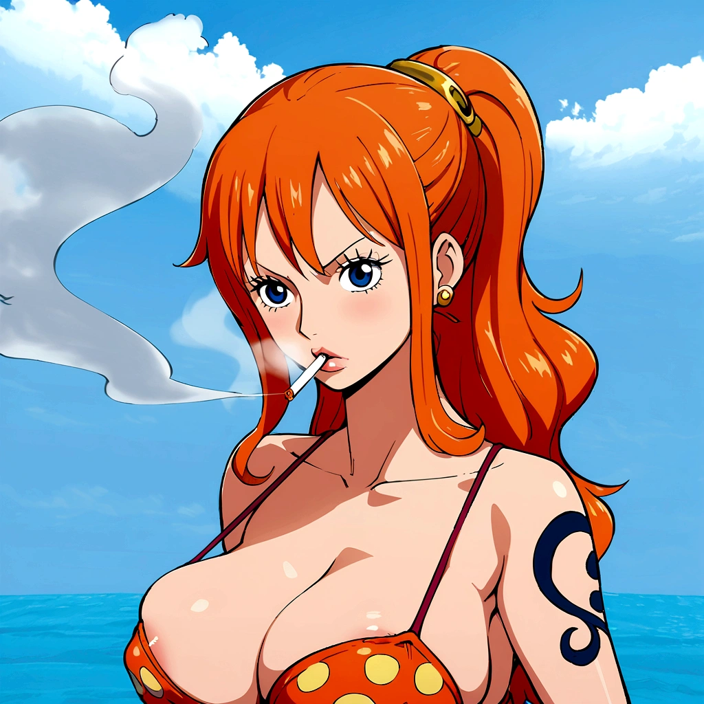 a cartoon picture of a woman in a bikini top and jeans, nami one piece, nami from one piece, nami, beautiful portrait of nami, from one piece, oppai, blue eyes, smoking, ponytail, nsfw