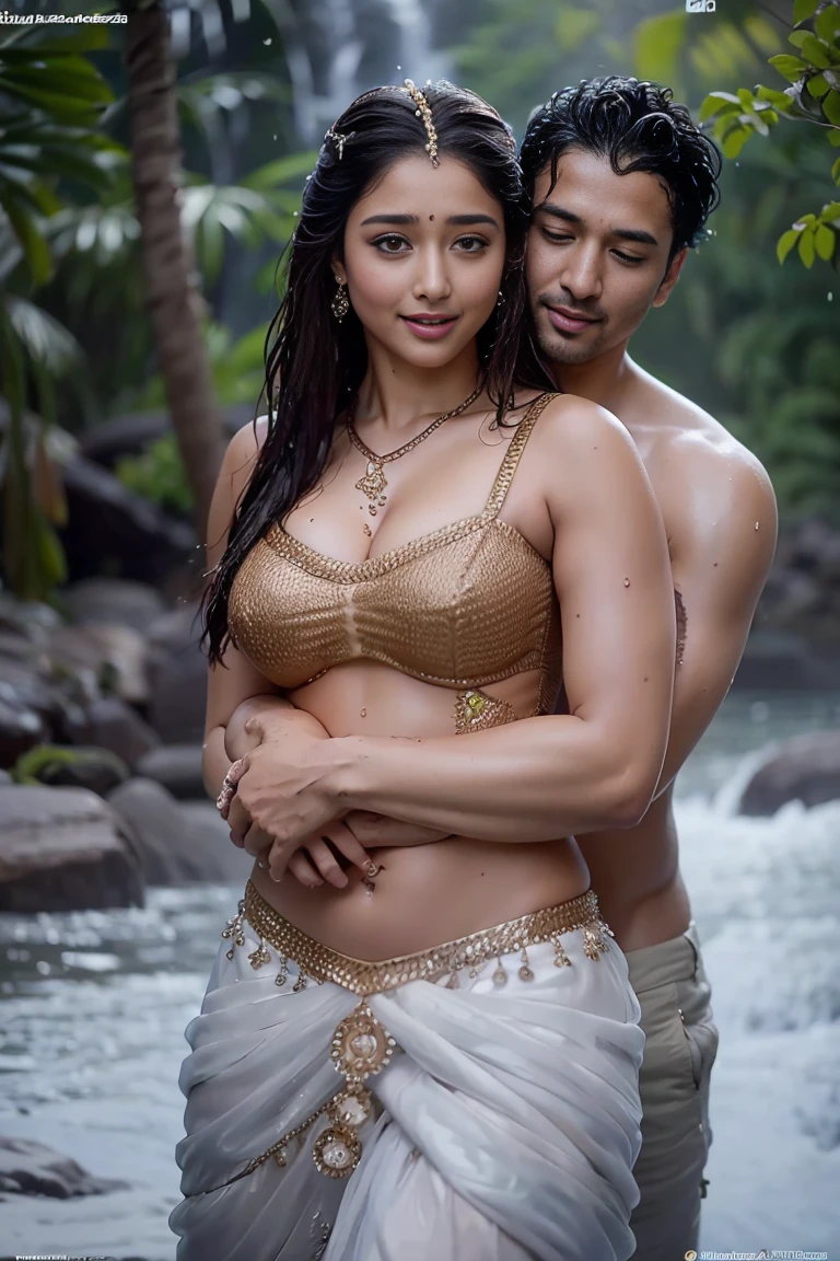 HD wallpaper 32k cinematic shoot of a Beautiful cute wet Pooja Hegde, with thick thighs and a curvy waist,  wearing a beautiful Indian dress, ((lowwaist)), ((hugging by a man)), ((hug)), ((wet girl)), ((sweaty girl)), ((hugging a man)), hug,