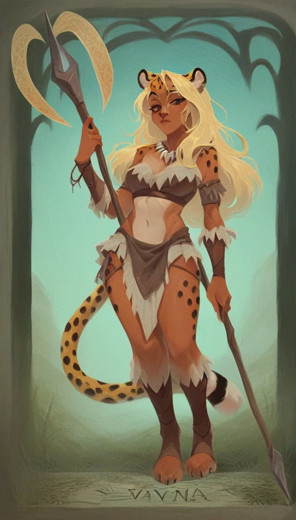 score_9, score_8_up, score_7_up, score_6_up, score_5_up, score_4_up, 
female, (cheetah:1.2), animal ears, holding spear in hands, long hair, dark_skin, dark_skinned_female, blonde hair, brown eyes, eyelashes, frills, tribal outfit,
Full body standing painting, (((solo))), Simple line design, ((tarot card background, symmetric beauty)), perfectly symmetrical, The art of symmetry, Standing drawings of characters, ((flatcolors)), tmasterpiecetop Qualities qualtiy