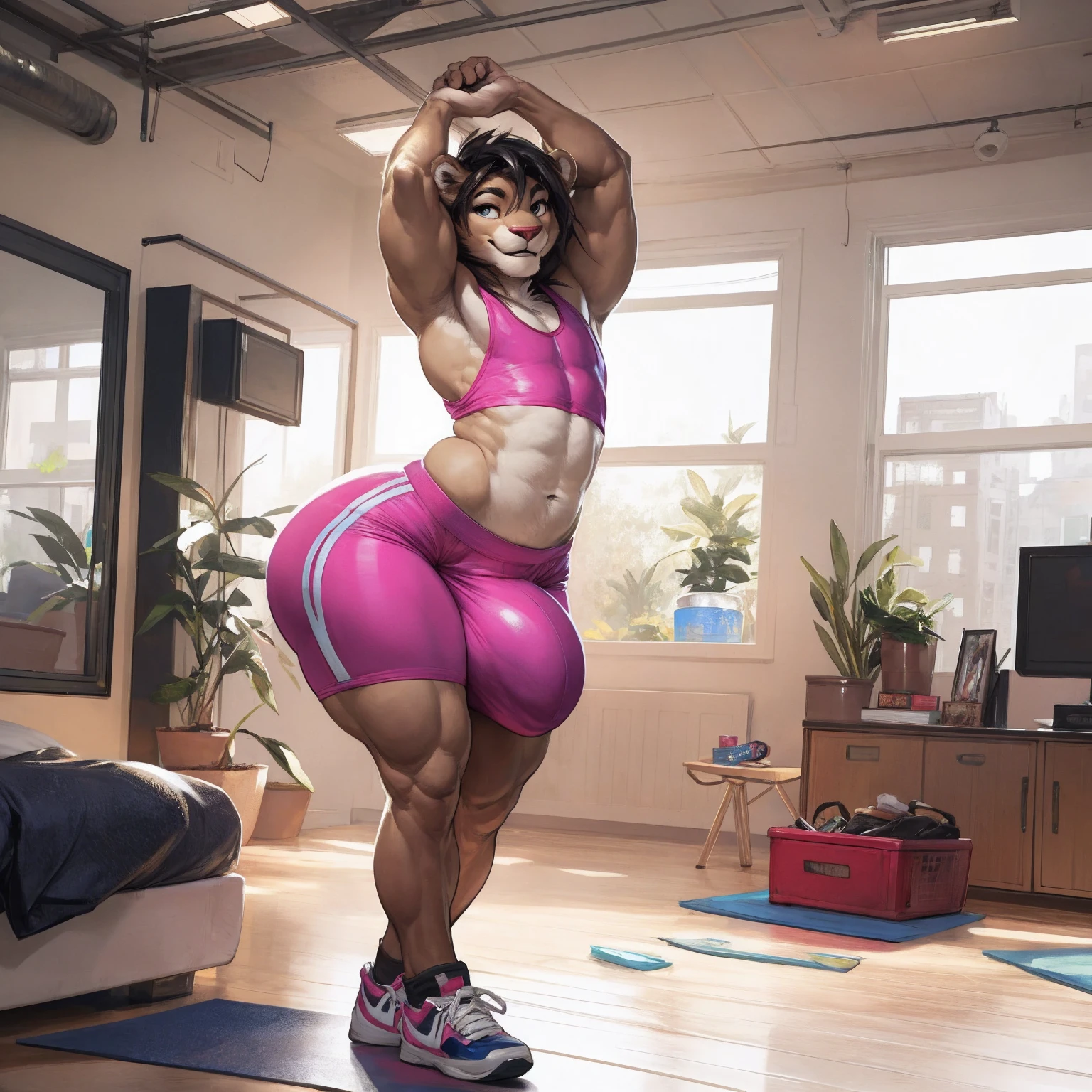 (by darkgem, by boosterpang), solo focus, 1boy, male, lion boy, cute, girly, femboy, short boy, looking at viewer, smiling, happy, large muscular body, (hyper hips:1.3), (huge bulge), bulgeJ8, long hair, detailed eyes, lust, masterpiece, best quality, lycra shorts, white tank top, sneakers, standing upright, photorealistic, hyperrealistic, ultradetailed, detailed background, photo background, digital drawing (artwork), girly, bedroom eyes, (aerobics class), indoors, looking at viewer, stretching, hands behind head, (tail),