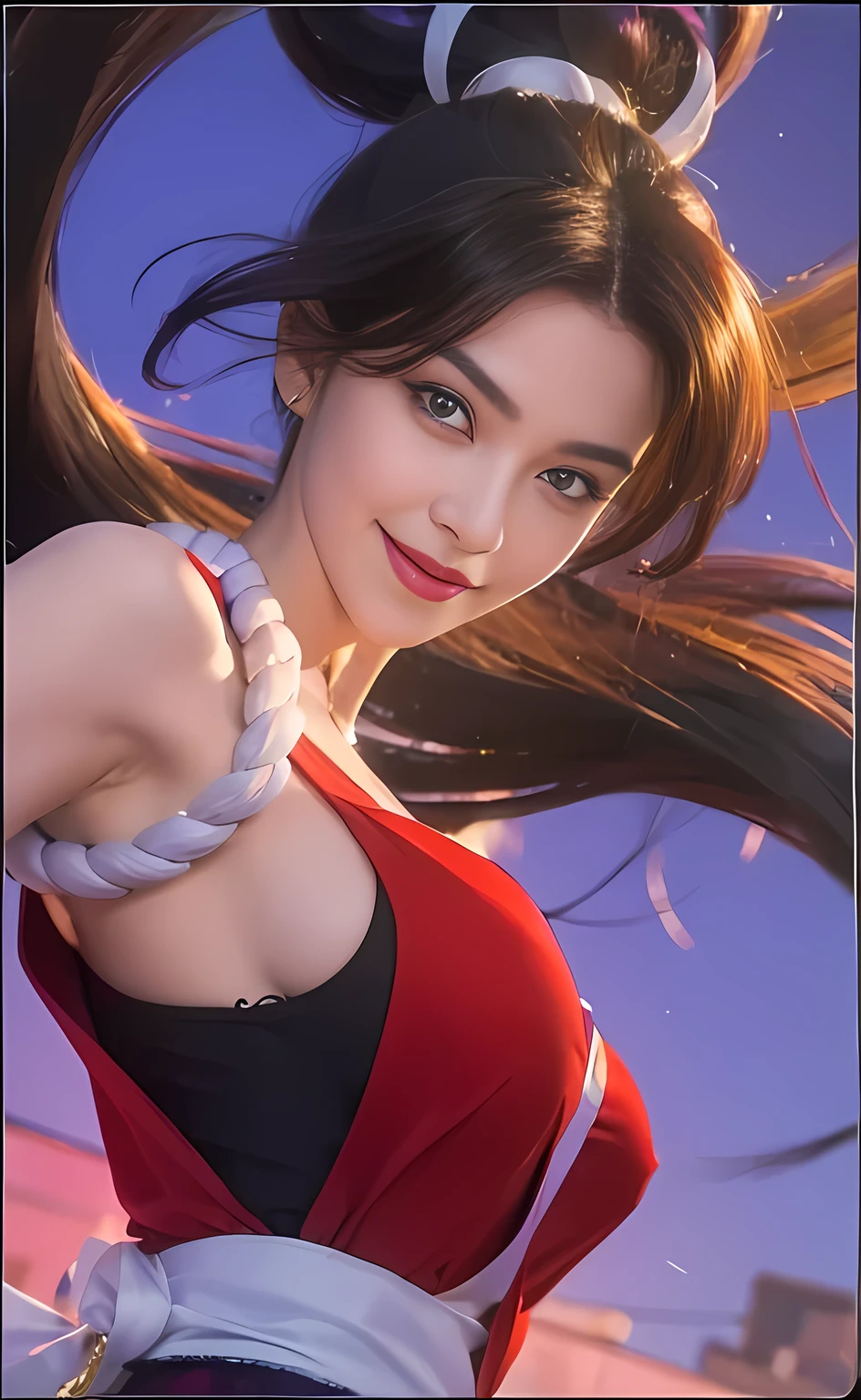 8k, highly detailed, photo realistic, close-up shot of a beautiful woman with purple hair and gold clothes, blue eyes, smiling