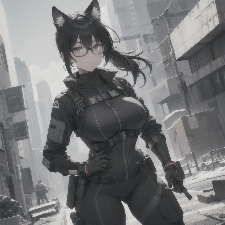 Absurd resolution, high resolution, (masterpiece: 1.4), hyper-detail, full body shot, solo, 1 kemono feline cat woman, no skin other than neck and head shown, black hair, glasses, messy ponytail, cute face, detailed soft grey eyes, huge massive hyper super swollen breasts that cover her whole torso and are bigger than her head while being so big they reach her belly button, extremely large bust, wide full hips, narrower torso and shoulders, smaller torso, full thicc big soft thighs, big rounded full soft butt, ruggedized utility styled outfit, full body outfit coverage with no skin showing or revealed, weather-proof durable clothing material, monochrome black and grey fullbody covering protective padding pilot rugged utility suit with white chest, practical/functional clothing, custom made clothing to fit and support large breasts, scifi padded rugged high collar techwear jacket, white and black triangular decals and techwear iconography on apparel and clothing, techwear gloves, arm mounted strapped display scifi tablet/communication device/computer, rugged tablet display mounted on MOLLE strap on top of her bust, ruggedized computer tablet mounted above her breasts, screen display mounted on top of her chest, ruggedized tech, ruggedized tech aesthetic, fitted utility pants, utility chaps, near future scifi, cyberpunk aesthetic,