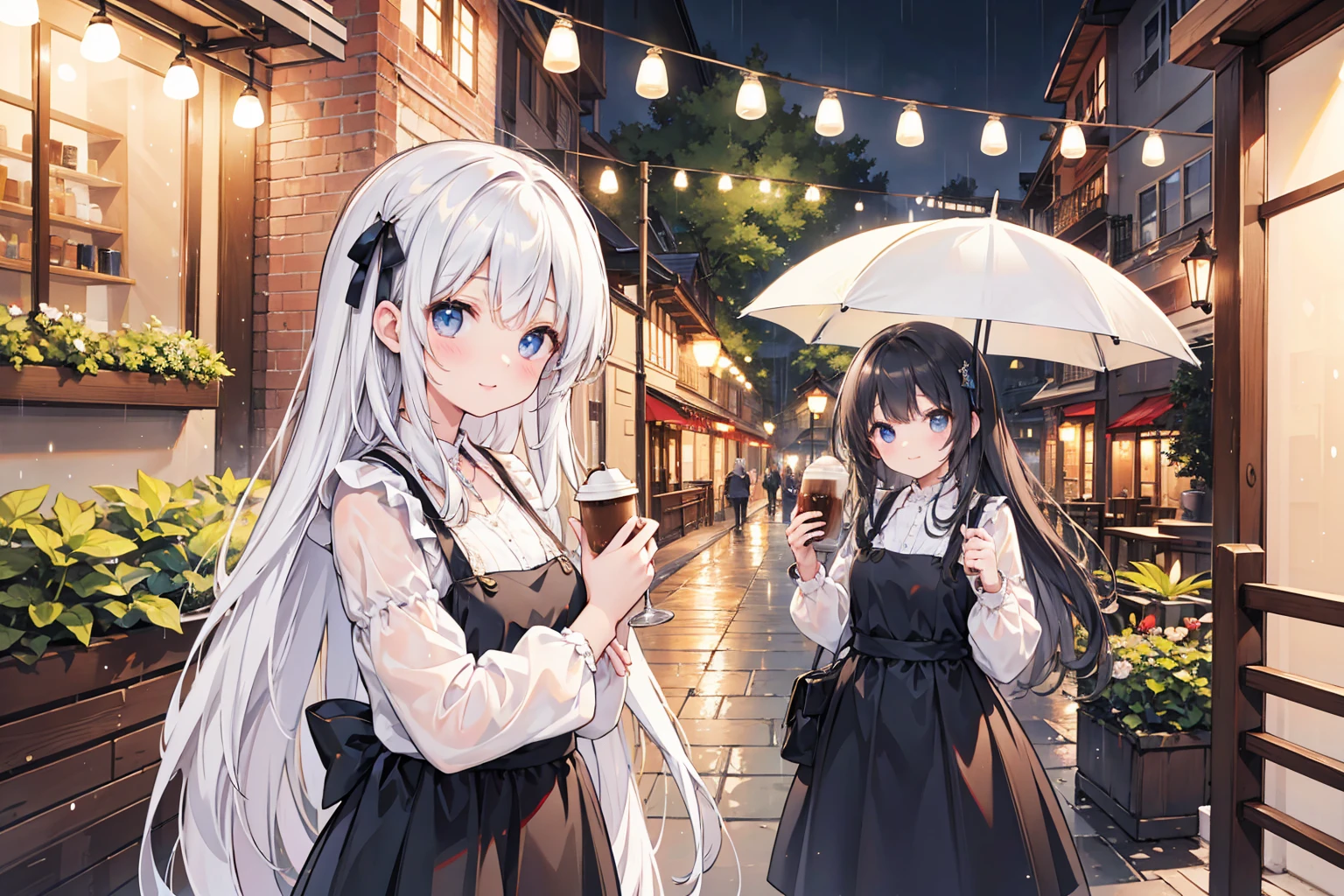 Photorealistic、Highest quality、Highest Resolution、Highest quality、8K、1人のBeautiful woman、Beautiful woman、Beautiful woman、rain、Cafe Terrace、coffee、Parasol、